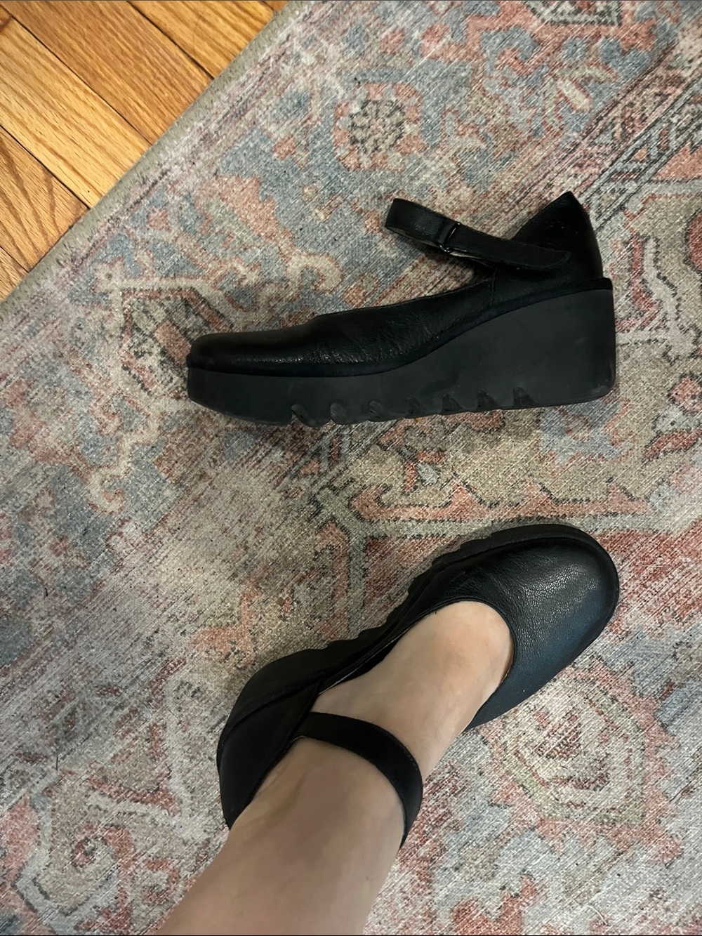 Fly London Black Leather Platform Mary Jane Shoes